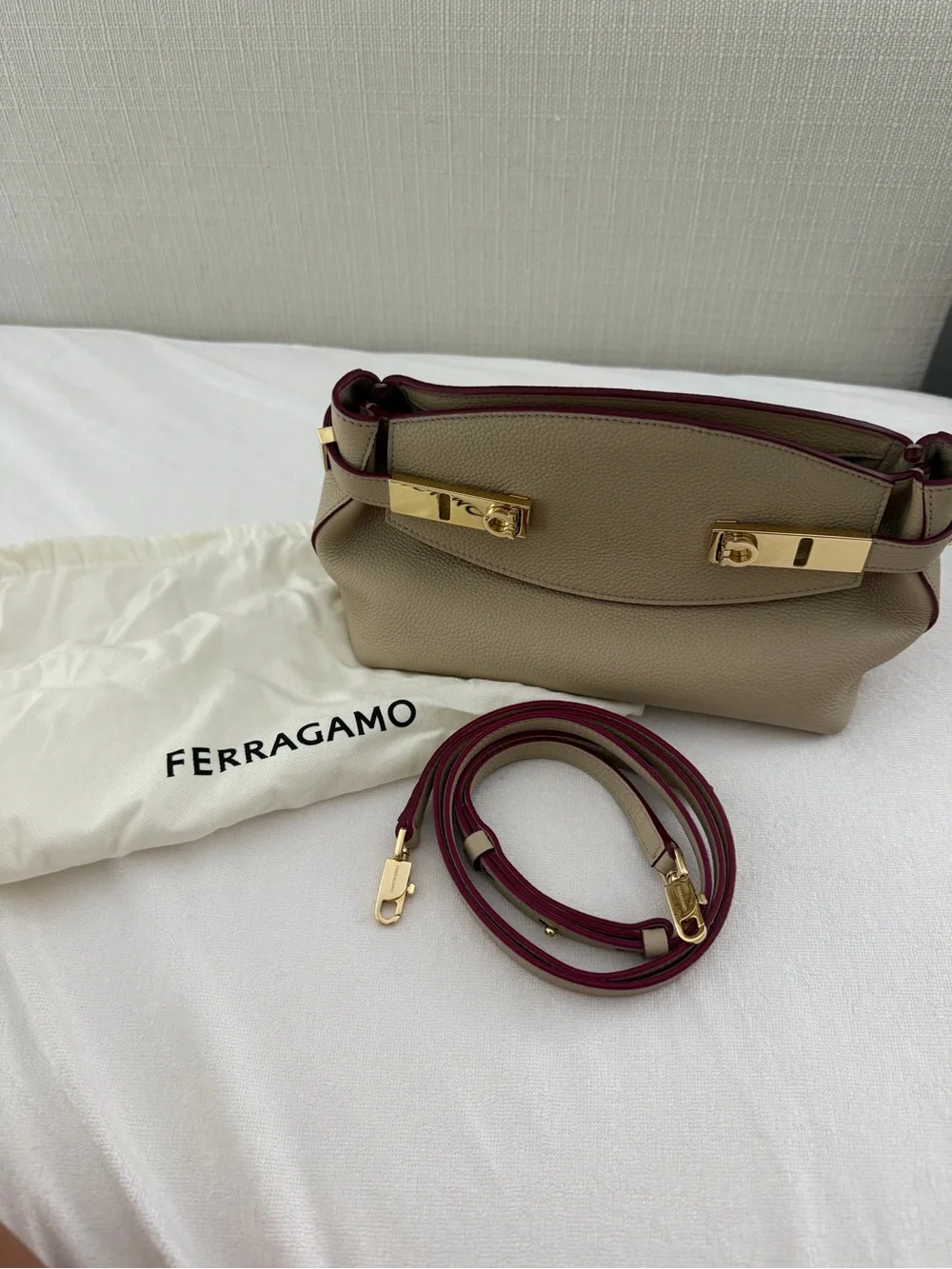 Ferragamo “XS Hug” Gold Hardware and Burgundy Trim